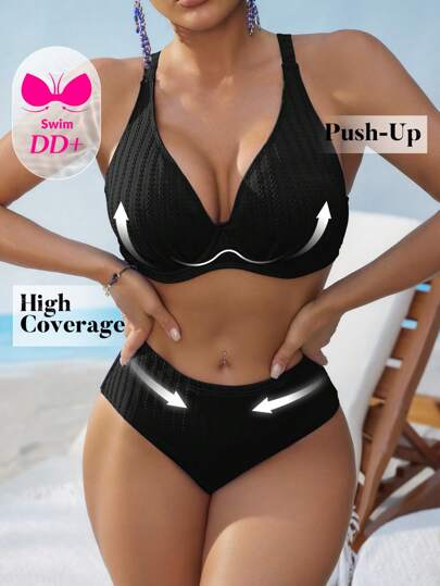 Swim DD+ بحر الصيف أزياء للنساء - ملابس سباحة مكونة من قطعتين ذات بكرة دعم وقوام نسيج مثير لحجم صدر DD+ وخصر عالي ، باللون الأزرق الساطع
