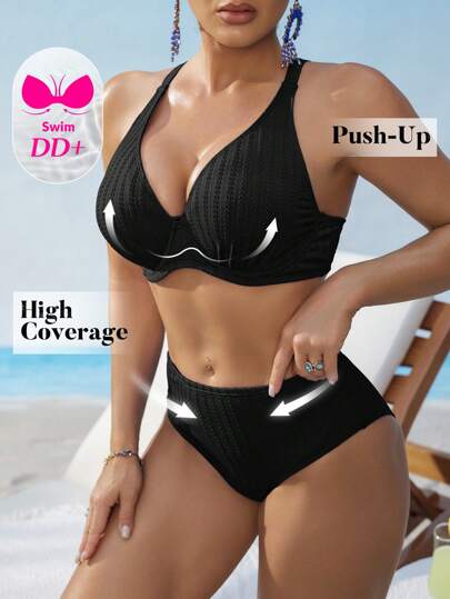 Swim DD+ بحر الصيف أزياء للنساء - ملابس سباحة مكونة من قطعتين ذات بكرة دعم وقوام نسيج مثير لحجم صدر DD+ وخصر عالي ، باللون الأزرق الساطع