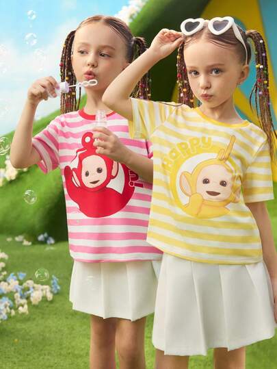 تيشيرتات بناتي Teletubbies X  طقم 2 قطعة من التي شيرت المخطط القصير الأكمام بطباعة كرتونية للبنات الصغيرات، بلونين أحمر وأصفر ، طقم كاجوال