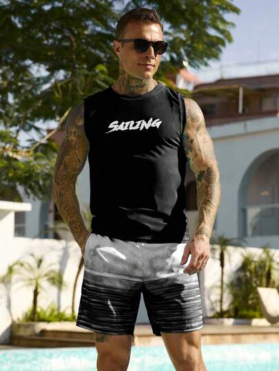 Manfinity Swimmode مجموعة من سترة بلا أكمام مطبوع عليها حروف مع سروال سباحة قصير 2 قطعة للرجال في الصيف والعطلات، طراز هاواي