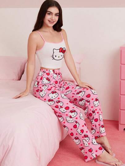 HELLO KITTY AND FRIENDS | SHEIN طقم بيجامة للنساء مكون من توب كامي أبيض بنمط عقدة الفراشة القطة الكرتونية الجميلة وبنطلون وردي، طراز Y2K، حلو، للاستخدام اليومي، المنزل، الراحة، الصيف