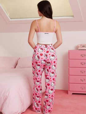 HELLO KITTY AND FRIENDS | SHEIN طقم بيجامة للنساء مكون من توب كامي أبيض بنمط عقدة الفراشة القطة الكرتونية الجميلة وبنطلون وردي، طراز Y2K، حلو، للاستخدام اليومي، المنزل، الراحة، الصيف