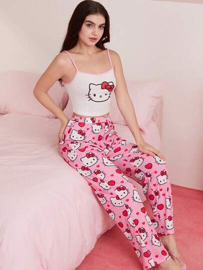HELLO KITTY AND FRIENDS | SHEIN طقم بيجامة للنساء مكون من توب كامي أبيض بنمط عقدة الفراشة القطة الكرتونية الجميلة وبنطلون وردي، طراز Y2K، حلو، للاستخدام اليومي، المنزل، الراحة، الصيف