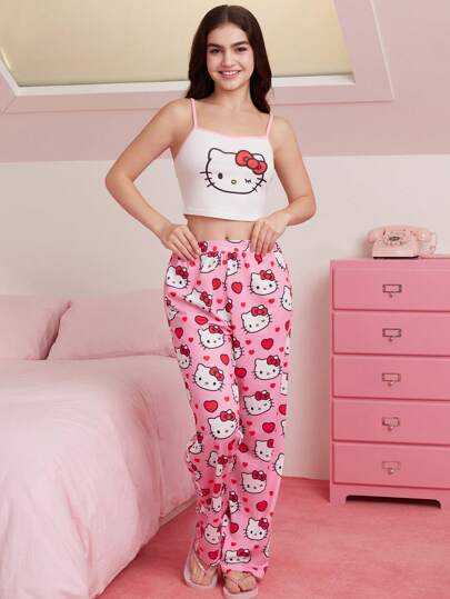 HELLO KITTY AND FRIENDS | SHEIN طقم بيجامة للنساء مكون من توب كامي أبيض بنمط عقدة الفراشة القطة الكرتونية الجميلة وبنطلون وردي، طراز Y2K، حلو، للاستخدام اليومي، المنزل، الراحة، الصيف