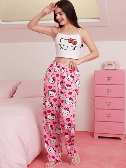 HELLO KITTY AND FRIENDS | SHEIN طقم بيجامة للنساء مكون من توب كامي أبيض بنمط عقدة الفراشة القطة الكرتونية الجميلة وبنطلون وردي، طراز Y2K، حلو، للاستخدام اليومي، المنزل، الراحة، الصيف