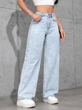 SHEIN PETITE جينز مستقيم السيقان فضفاض عادي مغسول