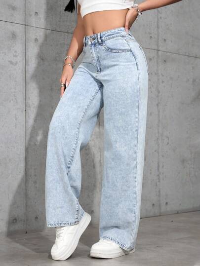 SHEIN PETITE جينز مستقيم السيقان فضفاض عادي مغسول