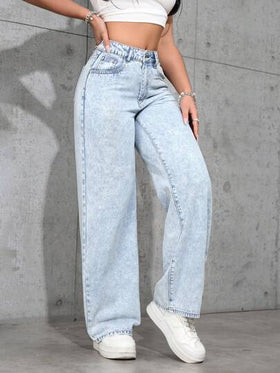 SHEIN PETITE جينز مستقيم السيقان فضفاض عادي مغسول