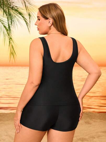 SHEIN Swim Curve بدلة بكيني للسيدات بمقاسات كبيرة مكونة من قطعتين، بتصميم بلوزة كاميسول مزينة بطبعات ملونة متعددة الألوان، بطراز عطلة شاطئية