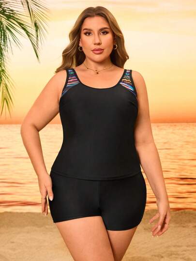 SHEIN Swim Curve بدلة بكيني للسيدات بمقاسات كبيرة مكونة من قطعتين، بتصميم بلوزة كاميسول مزينة بطبعات ملونة متعددة الألوان، بطراز عطلة شاطئية