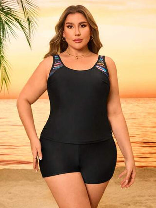 SHEIN Swim Curve بدلة بكيني للسيدات بمقاسات كبيرة مكونة من قطعتين، بتصميم بلوزة كاميسول مزينة بطبعات ملونة متعددة الألوان، بطراز عطلة شاطئية