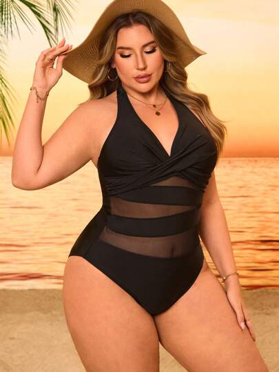 SHEIN Swim Curve بدلة سباحة قطعة واحدة من الشبكة السوداء بتصميم بسيط، حللة صيفية كاجوال للنساء قطعة واحدة