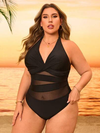 SHEIN Swim Curve بدلة سباحة قطعة واحدة من الشبكة السوداء بتصميم بسيط، حللة صيفية كاجوال للنساء قطعة واحدة