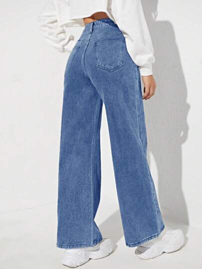 EZwear سراويل جينز بجيوب مائلة مغسولة للنساء للاستخدام اليومي الكاجوال