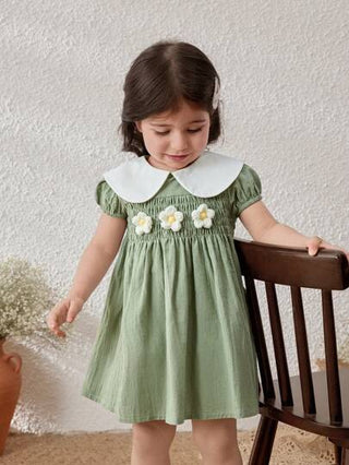 فساتين بيبي Blossori فستان أطفال بناتي بياقة مكشكشة خصر ضيق قصة حرف A، أخضر، ربيع/صيف
