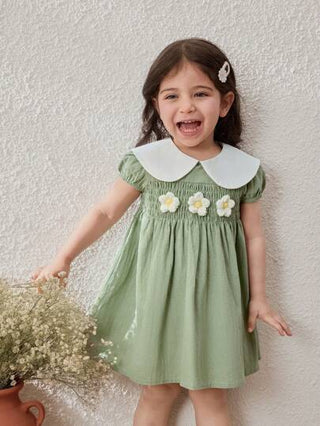 فساتين بيبي Blossori فستان أطفال بناتي بياقة مكشكشة خصر ضيق قصة حرف A، أخضر، ربيع/صيف