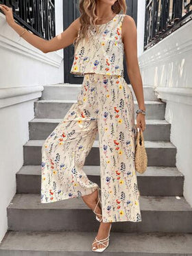 SHEIN LUNE مجموعة متطابقة للنساء للعطلات: توب بلا أكمام وبنطلون واسع الساق كاجوال، أزياء صيفية للنساء في العطلات، مجموعة قطعتين للعطلات، فساتين صيفية للنساء لأزياء العطلات في الجزيرة، كاجوال