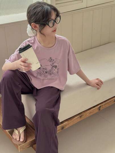 Dazy Kids مجموعة تي شيرت وبنطلون نوم 2 قطعة للفتيات مراهقات مع طباعة أكمام قصيرة وياقة دائرية ، ملابس ربيع/صيف عودة الى المدرسة رمضان