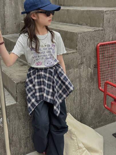 girls-sets DAZY 3 قطع طقم بنطلون بناتي حديث للفتيات: تي شيرت بياقة مستديرة بأكمام قصيرة مطبوعة + تنورة رقبة مربعة + بنطلون ، مناسب للربيع والصيف، مقاس كبير الحجم