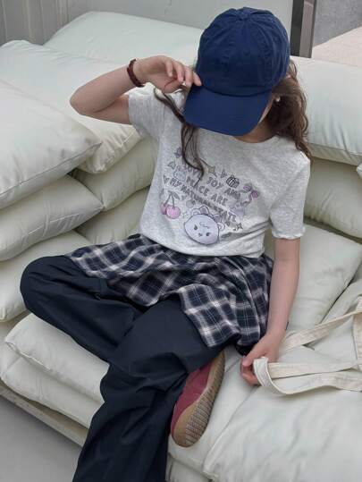 girls-sets DAZY 3 قطع طقم بنطلون بناتي حديث للفتيات: تي شيرت بياقة مستديرة بأكمام قصيرة مطبوعة + تنورة رقبة مربعة + بنطلون ، مناسب للربيع والصيف، مقاس كبير الحجم