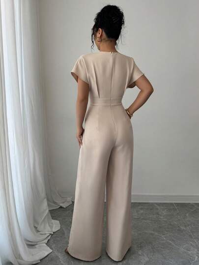 Rafferiza جمبسوت نسائية أنيقة ذات رقبة واسعة مزبرة متشابكة في الصدر باللون الأحادي الموحد