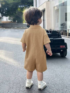 SHEIN رومبير كاجوال للأطفال حديثي الولادة من الذكور بأسلوب كوري جميل بأكمام قصيرة للصيف باللون الخاكي