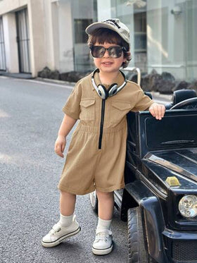 SHEIN رومبير كاجوال للأطفال حديثي الولادة من الذكور بأسلوب كوري جميل بأكمام قصيرة للصيف باللون الخاكي