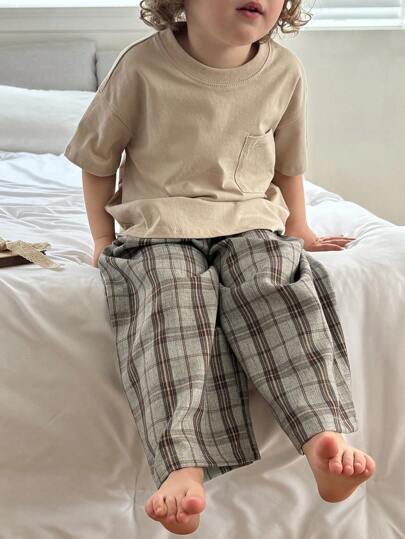 Hapijoa مجموعة شاملة لطفل صغير، تي شيرت تريكو كم قصير رقبة دائرية ألوان سادة + بنطلون كاجوال منسوج مخطط المربعات للربيع والصيف رمضان