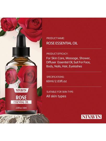 NIVAVIN زيت عطري أساسي بعطر الورد 30/60 مل، رائحة زهرية دائمة ، مصمم بشكل جميل ، للوجه والشعر والبشرة والجسم ، مناسب للمنزل والسيارة والسفر ، سهل الحمل ، هدية رائعة