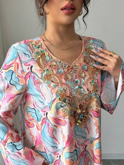 Yasmyna فستان حريمي برقبة V وأكمام طويلة مطرز بالترتر والطباعة الملونة فضفاض أنيق رومانسي عربي للنساء في الصيف غطاء متواضع