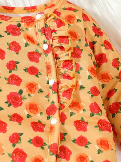 SHEIN قطعتان رومبر طفل رضيع بنات بطبعات زهرية ناعمة مع وشاح مناسق باللون الأصفر