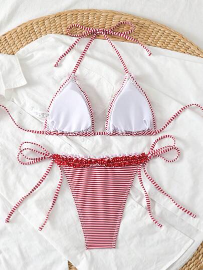 Swim Mod بكيني أنثوي مجموعة لتكون في الشاطئ عصري مع لمسات القرقعة البسيطة ومطبوع بزهور وشرائط للأجواء الصيفية