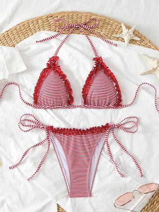 Swim Mod بكيني أنثوي مجموعة لتكون في الشاطئ عصري مع لمسات القرقعة البسيطة ومطبوع بزهور وشرائط للأجواء الصيفية