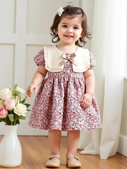SHEIN Souflis فستان أنيق للبنات الصغيرات قصير الأكمام مزين بأزهار صغيرة وربطة عنق، طراز ريفي صيفي للخارج