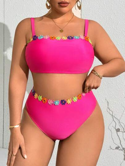 Slaydiva حمالة سباغيتي ملونة بخطوط متداخلة لحجم كبير للنساء مع حزام كتف قابل للإزالة وزخارف زهرية ملونة + سروال بيكيني مثلث ذو خصر عالٍ مزخرف بزهور ملونة