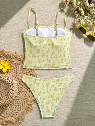 طقم تانكيني حريمي Swim Mod طقم ملابس سباحة صيفية للنساء يتكون من كامي ملابس علوية بحمالات رفيعة مع شريطين وربطة عقدة وسروال تانكيني مثلثي القاعدة بطبعة زهور ديتسي جذابة وأنيقة