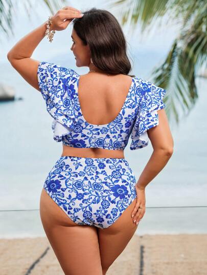 Swim Lushoire طقم ملابس السباحة للمرأة بحجم كبير قطعتين، مطبوع رقمي باللون الأبيض والأزرق لمظهر خزفي، مناسب لعطلات الشاطئ الصيفية