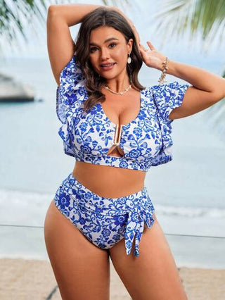 Swim Lushoire طقم ملابس السباحة للمرأة بحجم كبير قطعتين، مطبوع رقمي باللون الأبيض والأزرق لمظهر خزفي، مناسب لعطلات الشاطئ الصيفية