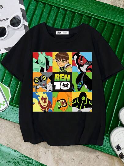 فستان أطفال BEN 10 X  تي شيرت أسود بأكمام قصيرة مزخرف برسوم كرتونية لفتيان المراهقين، مناسب للصيف