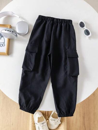 SHEIN بنطال مريح متعدد الاستخدامات للأولاد الصغار، له جيوب جانبية وسحاب، مناسب للخروج والمدرسة