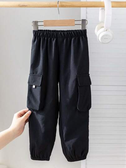 SHEIN بنطال مريح متعدد الاستخدامات للأولاد الصغار، له جيوب جانبية وسحاب، مناسب للخروج والمدرسة