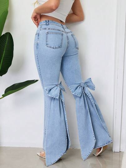 SHEIN SXY سراويل جينز للنساء بقدم واسع مزينة بفيونكة لحفلات كاجوال