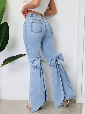 SHEIN SXY سراويل جينز للنساء بقدم واسع مزينة بفيونكة لحفلات كاجوال