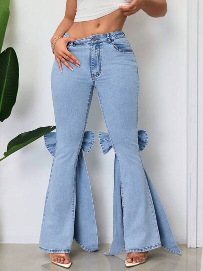 SHEIN SXY سراويل جينز للنساء بقدم واسع مزينة بفيونكة لحفلات كاجوال