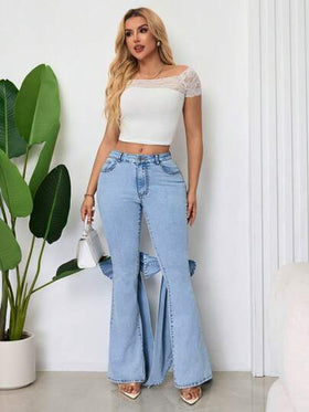 SHEIN SXY سراويل جينز للنساء بقدم واسع مزينة بفيونكة لحفلات كاجوال
