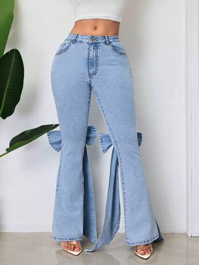 SHEIN SXY سراويل جينز للنساء بقدم واسع مزينة بفيونكة لحفلات كاجوال