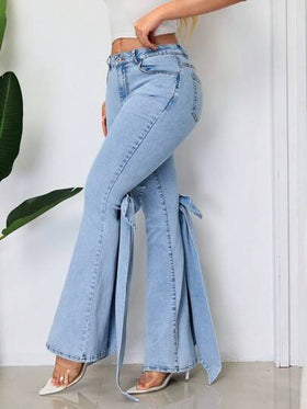 SHEIN SXY سراويل جينز للنساء بقدم واسع مزينة بفيونكة لحفلات كاجوال