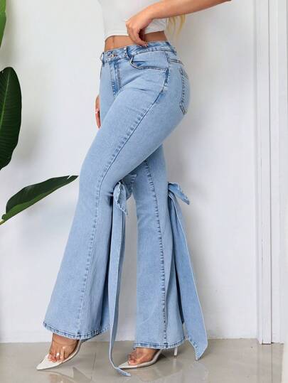 SHEIN SXY سراويل جينز للنساء بقدم واسع مزينة بفيونكة لحفلات كاجوال