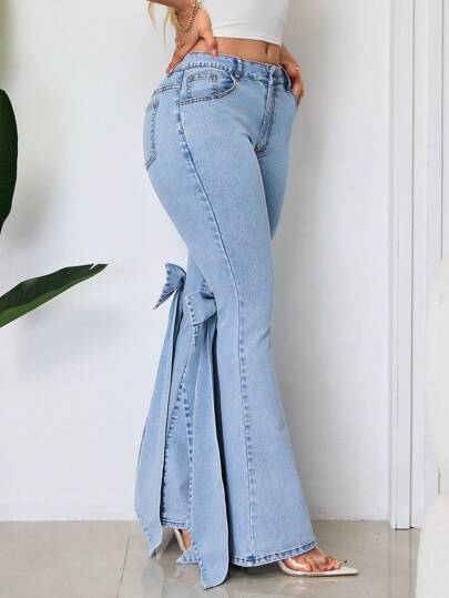 SHEIN SXY سراويل جينز للنساء بقدم واسع مزينة بفيونكة لحفلات كاجوال