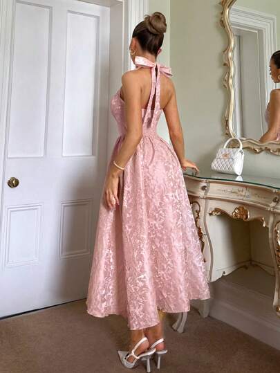 Glamine Charm فستان وسط نسائي من القماش الساتان المطبوع بطراز الأميرة الريفي، تنورة شبكية بالخصر، دعم لرقبة الحلقة